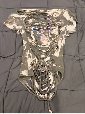 Distressed Olive Tie-Dye Cutout Tee